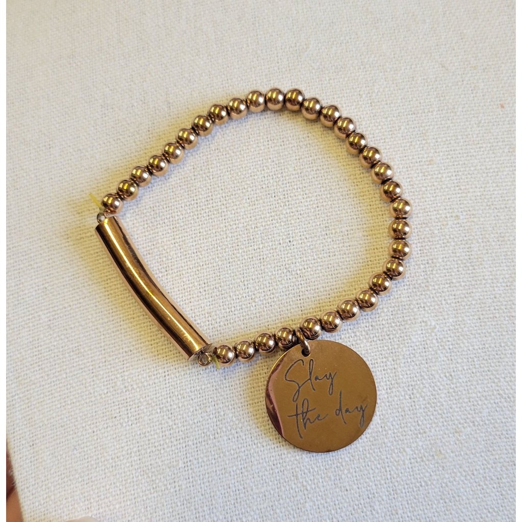 Rose Gold "Slay The Day" Round Beaded Stretch Costume Bracelet B1a